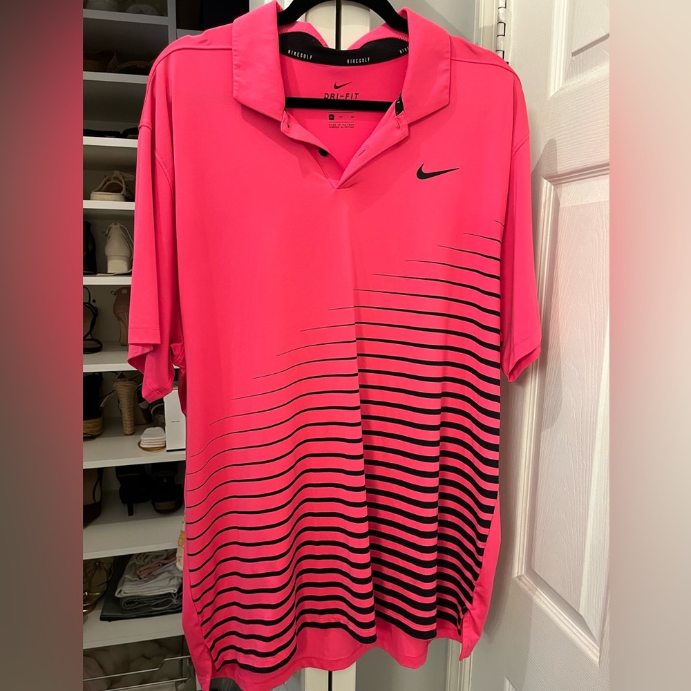Nike Dri-Fit Neon Pink Golf Polo with Black Stripe Print